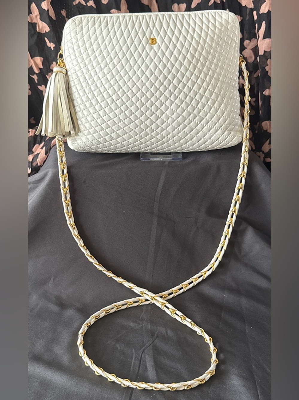 Bally Cream Color Quilted Lambskin Crossbody Bag with Tassel